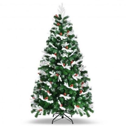 图片 Unlit Snowy Hinged Christmas Tree with Mixed Tips and Red Berries-6' - Color: Green - Size: 6 ft