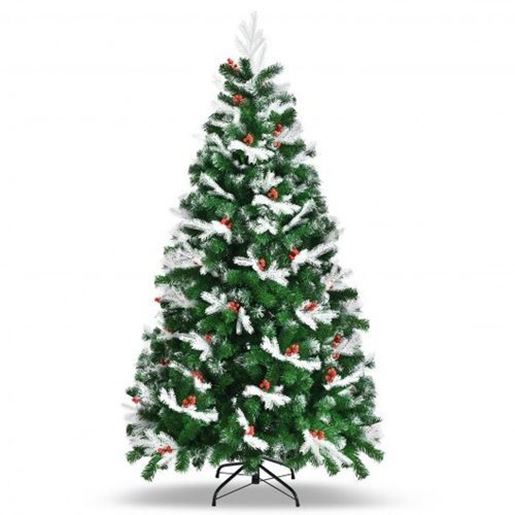 Image sur Unlit Snowy Hinged Christmas Tree with Mixed Tips and Red Berries-6' - Color: Green - Size: 6 ft