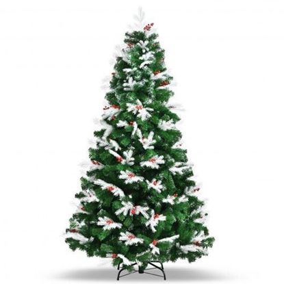 Picture of Unlit Snowy Hinged Christmas Tree with Mixed Tips and Red Berries-7' - Color: Green - Size: 7 ft