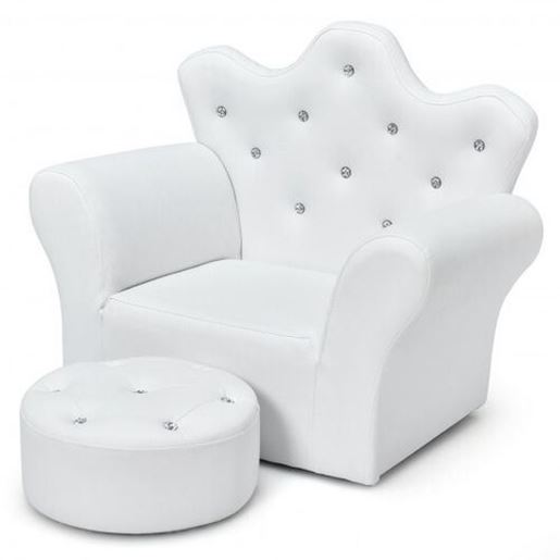 Picture of Children Upholstered Princess Sofa with Ottoman and Diamond Decoration for Boys and Girls-White - Color: White