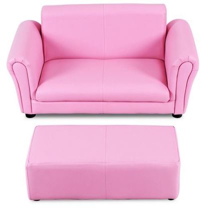 图片 Soft Kids Double Sofa with Ottoman-Pink - Color: Pink - Size: 32.5" x 16.5" x 16"