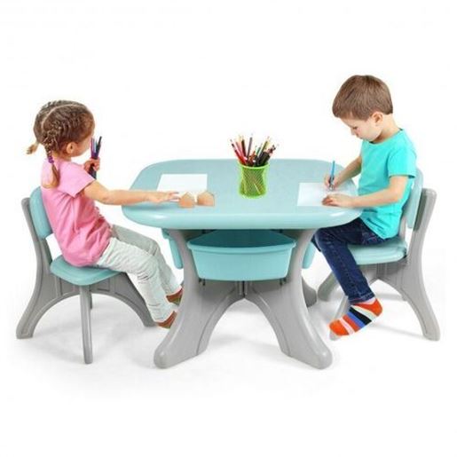 Picture of Children Kids Activity Table & Chair Set Play Furniture W/Storage-Blue - Color: Blue