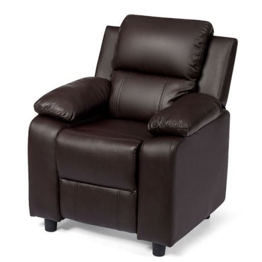 Picture of Deluxe Kids Armchair Recliner Headrest Sofa w/ Storage Arms-Brown - Color: Brown