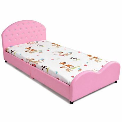 Foto de Kids Children PU Upholstered Platform Wooden Princess Bed - Color: Pink