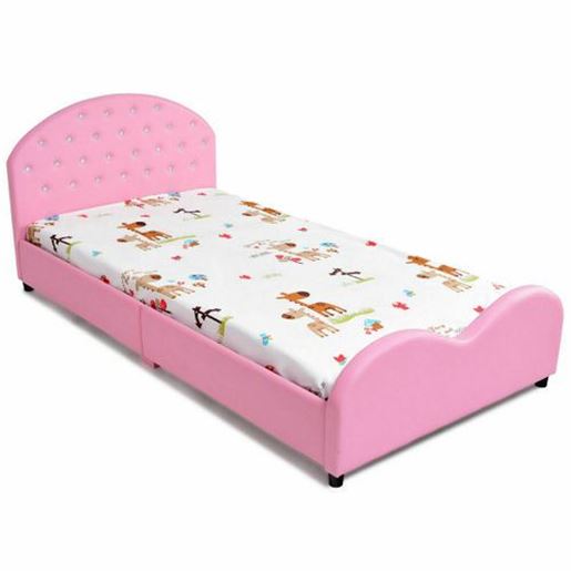 Picture of Kids Children PU Upholstered Platform Wooden Princess Bed - Color: Pink