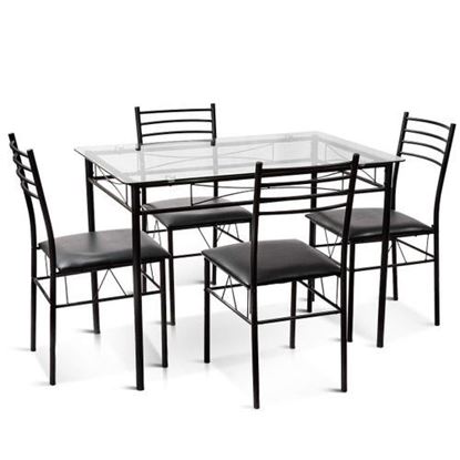 Picture of 5 Pieces Dining Set Tempered Glass Top Table & 4 Upholstered Chairs - Color: Black