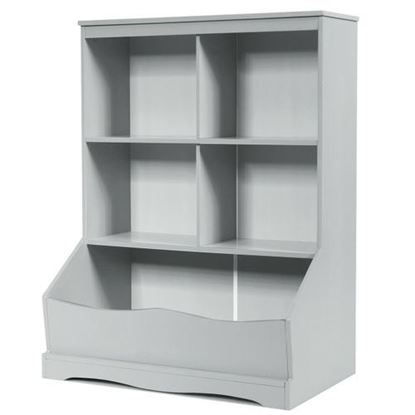 Изображение 3-Tier Children's Multi-Functional Bookcase Toy Storage Bin Floor Cabinet-Gray - Color: Gray