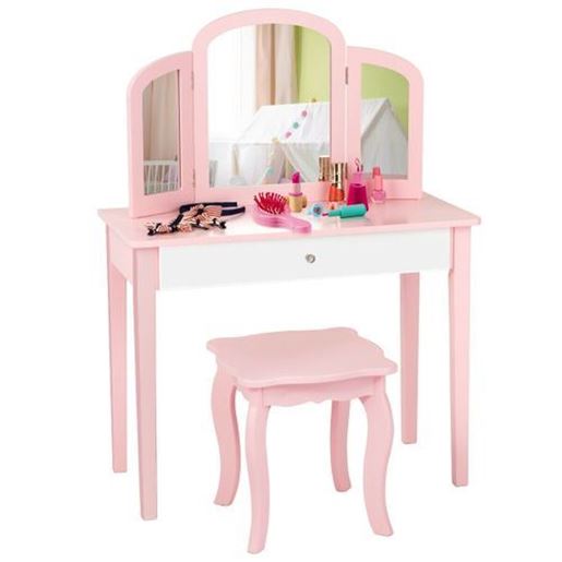 Picture of Kids Princess Make Up Dressing Table with Tri-folding Mirror & Chair-Pink - Color: Pink