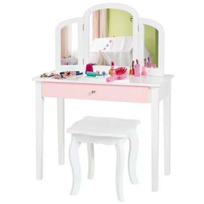 Image de Kids Princess Make Up Dressing Table with Tri-folding Mirror & Chair-White - Color: White