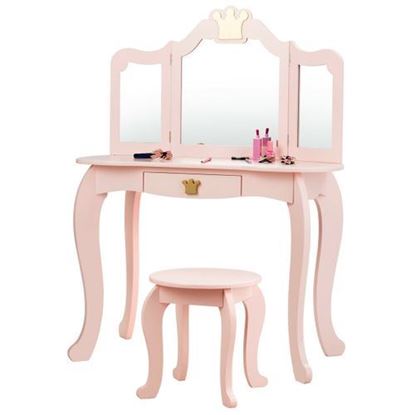 Picture of Kids Makeup Dressing Table with Tri-folding Mirror and Stool-Pink - Color: Pink