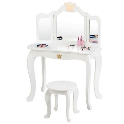 Picture of Kids Makeup Dressing Table with Tri-folding Mirror and Stool-White - Color: White