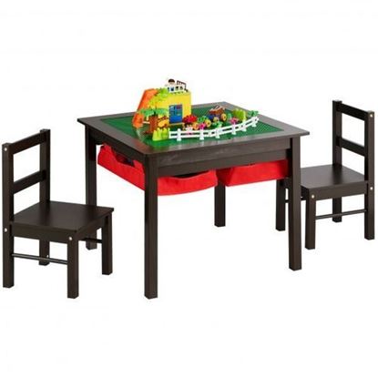 Picture of 5-in-1 Kids Activity Table and 2 Chairs Set with Storage Building Block Table-Coffee - Color: Coffee