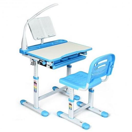 Picture of Adjustable Kids Desk Chair Set with Lamp and Bookstand-Blue - Color: Blue - Size: 26" x 19.5" x (21" - 30")