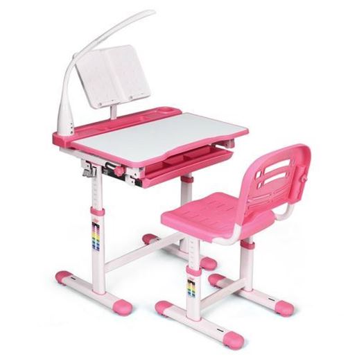 Picture of Adjustable Kids Desk Chair Set with Lamp and Bookstand-Pink - Color: Pink - Size: 26" x 19.5" x (21" - 30")