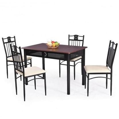 Picture of 5 Pcs Dining Set Wood Metal Table and 4 Chairs with Cushions - Color: Beige