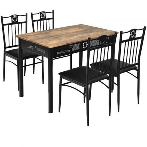 Picture of 5 Pcs Dining Set Wood Metal Table and 4 Chairs with Cushions-Black - Color: Black