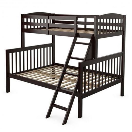 Picture of Twin over Full Bunk Bed Rubber Wood Convertible with Ladder Guardrail-Espresso - Color: Espresso