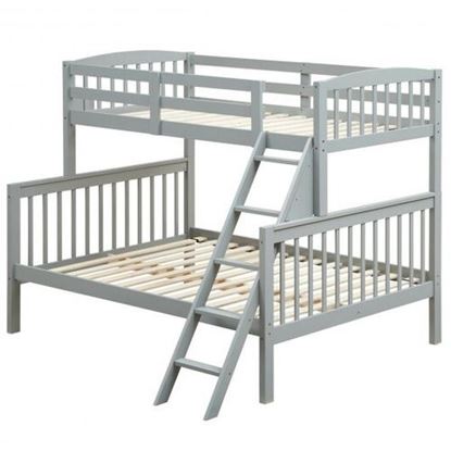 Picture of Twin over Full Bunk Bed Rubber Wood Convertible with Ladder Guardrail-Gray - Color: Gray