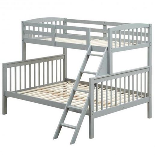 Image sur Twin over Full Bunk Bed Rubber Wood Convertible with Ladder Guardrail-Gray - Color: Gray
