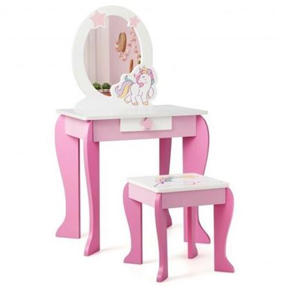 Picture of Kids Wooden Makeup Dressing Table and Chair Set with Mirror and Drawer - Color: Pink