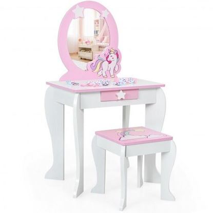 Picture of Kids Wooden Makeup Dressing Table and Chair Set with Mirror and Drawer-White - Color: White