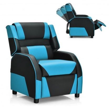 Picture of Kids Youth PU Leather Gaming Sofa Recliner with Headrest and Footrest-Blue - Color: Blue
