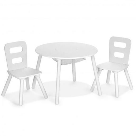 Image sur Wood Activity Kids Table and Chair Set with Center Mesh Storage for Snack Time and Homework-White - Color: White