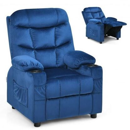 Picture of Adjustable Lounge Chair with Footrest and Side Pockets for Children-Blue - Color: Blue