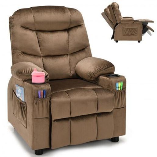 Picture of Adjustable Lounge Chair with Footrest and Side Pockets for Children-Brown - Color: Brown