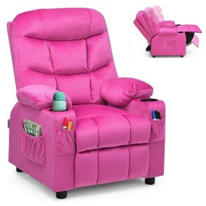 Picture of Adjustable Lounge Chair with Footrest and Side Pockets for Children-Pink - Color: Pink