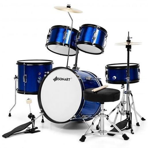 Image sur 16 Inch 5-Piece Complete Kids Junior Drum Set Children Beginner Kit-Blue - Color: Blue
