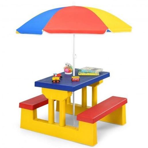 Picture of Kids Picnic Folding Table and Bench with Umbrella-Yellow - Color: Yellow