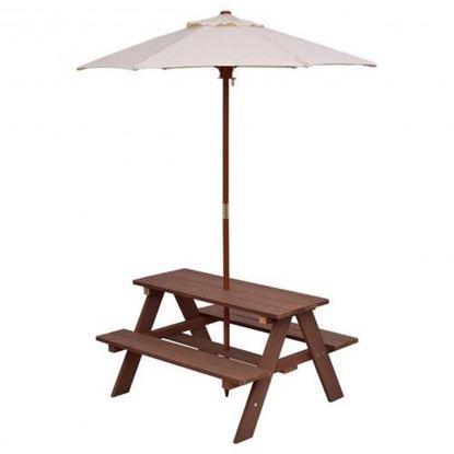 Picture of Outdoor 4-Seat Kid's Picnic Table Bench with Umbrella - Color: Brown