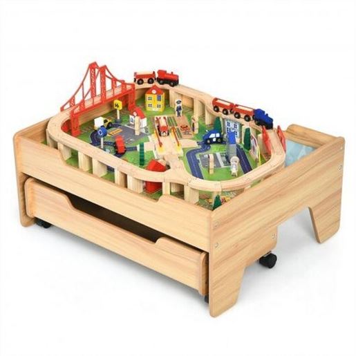 Picture of Children's Wooden Railway Set Table with 100 Pieces Storage Drawers