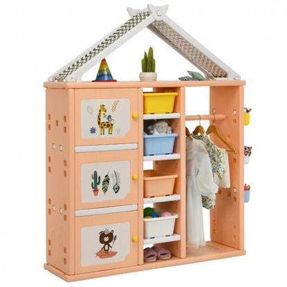 Picture of Kids Wardrobe Costume Storage Closet Pretend Dresser Hanging Armoire-Pink - Color: Pink