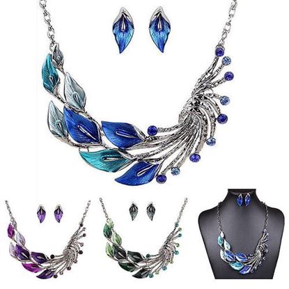 Picture of Gradient Color Leaf Peacock Enamel Crystal Necklace