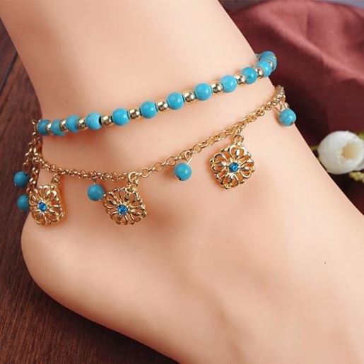 Picture of Turquoise Beads Alloy Chain Tassel Crystal Anklets Jewelry