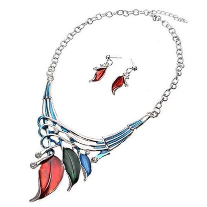 图片 Elegant European Leaves Enamel Inlay Crystal Necklace Earrings Jewelry Set for Women