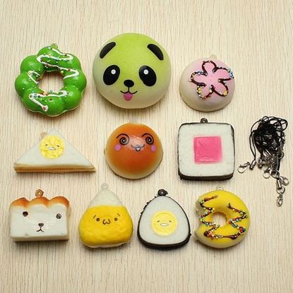 Изображение 10Pcs Random Squishy Soft Sushi/Panda/Bread/Cake/Buns Phone Straps