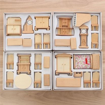 Picture of New 29 Pcs 1:24 Scale Dollhouse Miniature Unpainted Wooden Furniture Model Suite