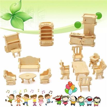 Picture of 34 Pcs 3D DIY Wooden Miniature Dollhouse Furniture Model Unpainted Suite Toys