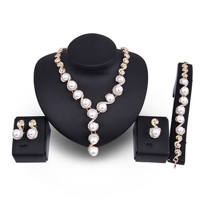 Изображение 18K Gold Plated Necklace Pearl Earrings Ring Jewelry Set