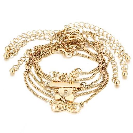 Picture of 6 Pcs/Set Trendy Heart Shape Lucky Chain Love Gold Color Anklet Jewelry for Women