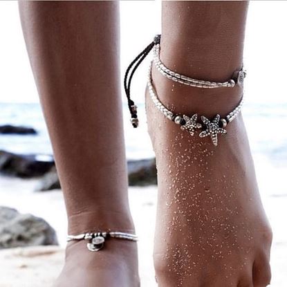 Picture of Vintage Antique Silver Anklet Women Starfish Rune Beaded Bracelet Ankle Boho Foot Jewelry