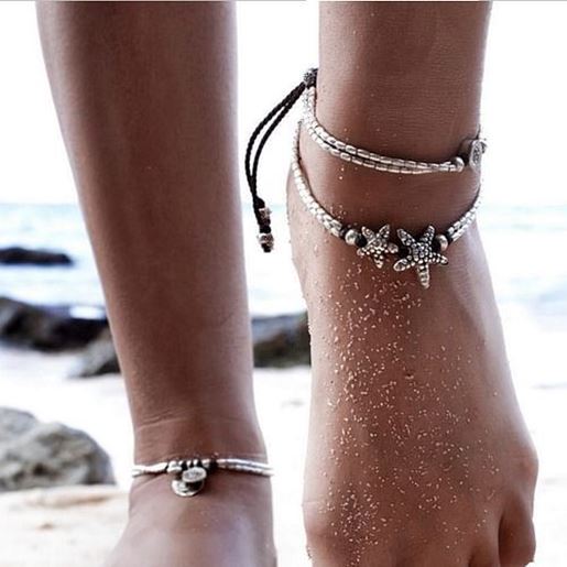 Picture of Vintage Antique Silver Anklet Women Starfish Rune Beaded Bracelet Ankle Boho Foot Jewelry