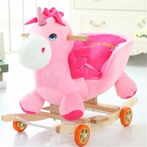 Picture of Baby Kid Toys 50*28*58CM Wooden Plush Rocking Horse Little Unicorn Style Riding Rocker