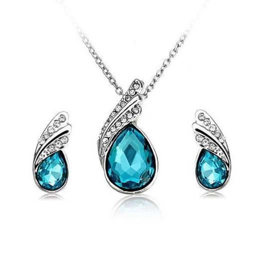 Picture of Crystal Water Drop Necklace Earrings Jewelry Set Silver Plated Jewelry Gift for Women