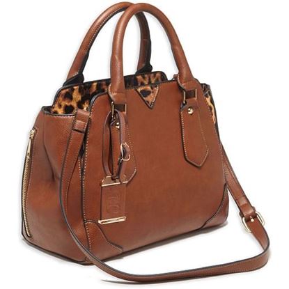 Picture of Bulldog Satchel Style Purse w/Holster - Chestnut w/leopard trim (16" x 9.5" x 5.5")