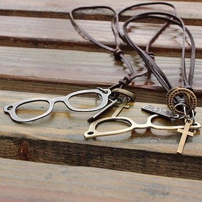 Picture of Couple Punk Alloy Glasses Cross Medal Leather Necklace