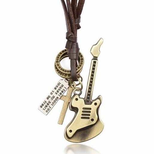 Picture of Punk Guitar Cross Medal Pendant Leather Rope Sweater Necklace